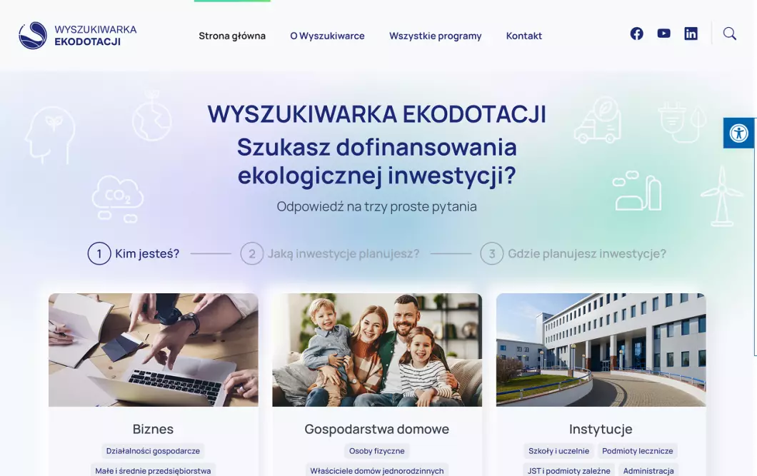 Zrzut ekranu strony Ekodotacje - wyszukiwarka dotacji